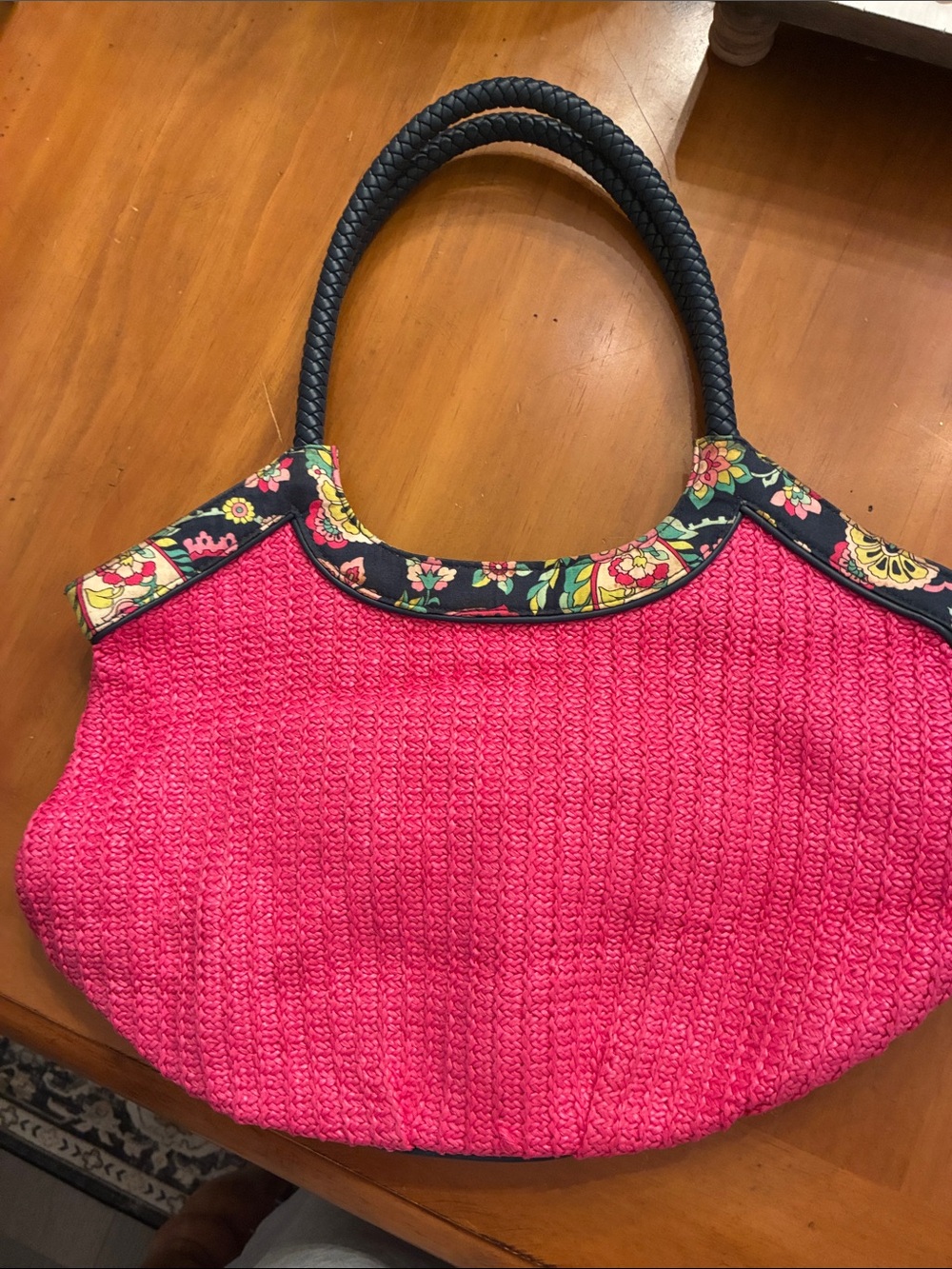 Vera Bradley Hot Pink Woven Tote with Floral Trim